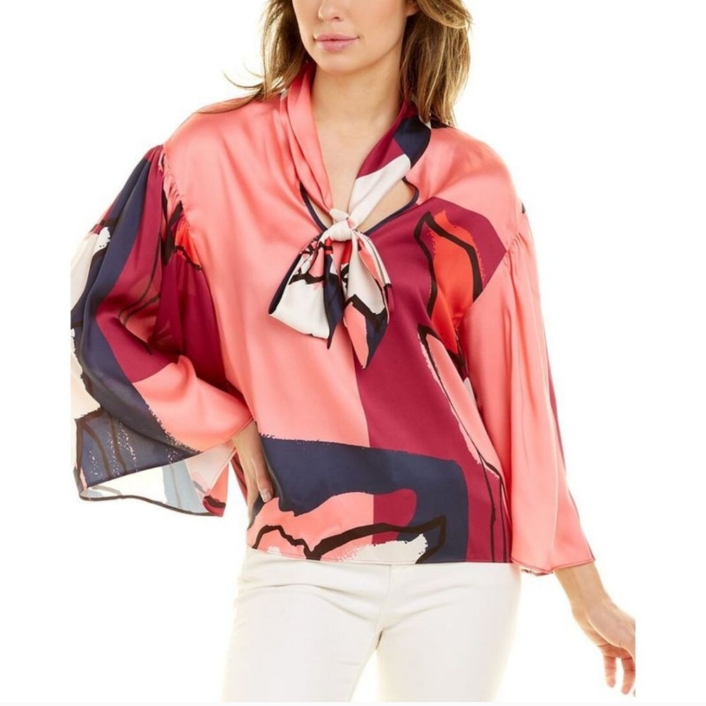 Tanya Taylor Avril Printed Satin Tie Multicolor Blouse Size XS